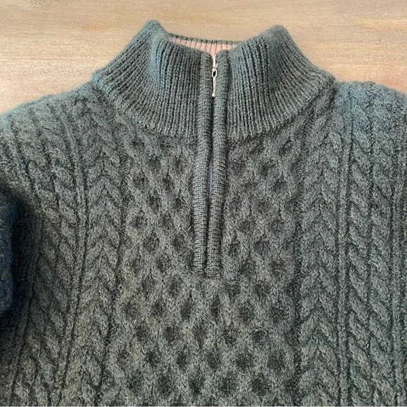 Blarney Woollen Mills Ireland 100% Merino Wool Aran Green Half Zip Size L - Picture 2 of 11